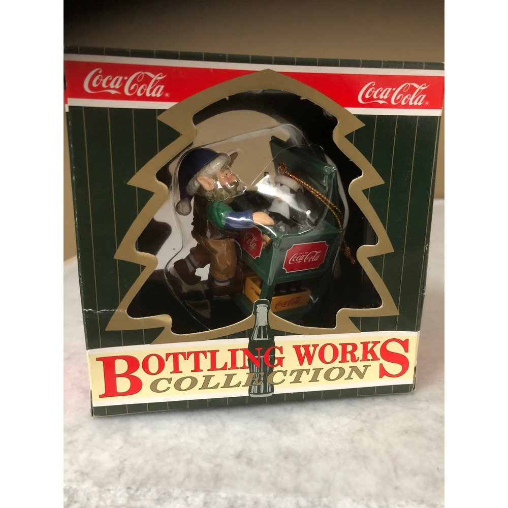 Vintage 1996 Coca-Cola Bottling Works Elf and Penguin Ornament with Box